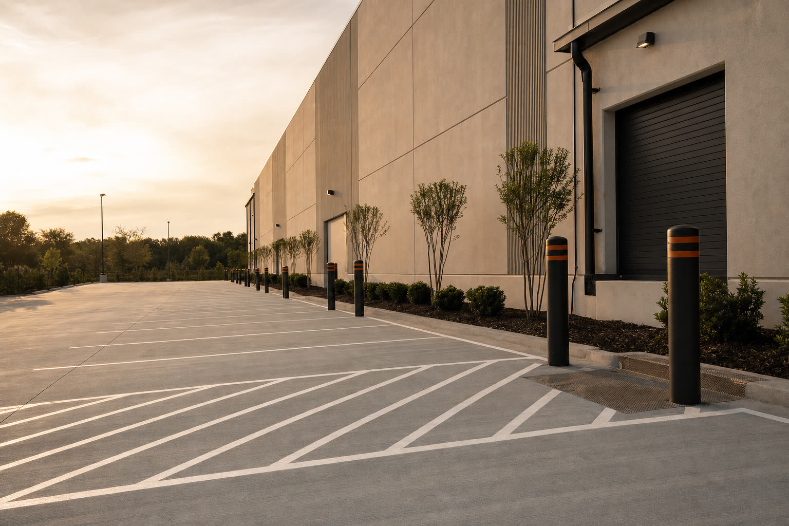 Maintained warehouse exterior with fresh striping, bollards, and landscaped beds