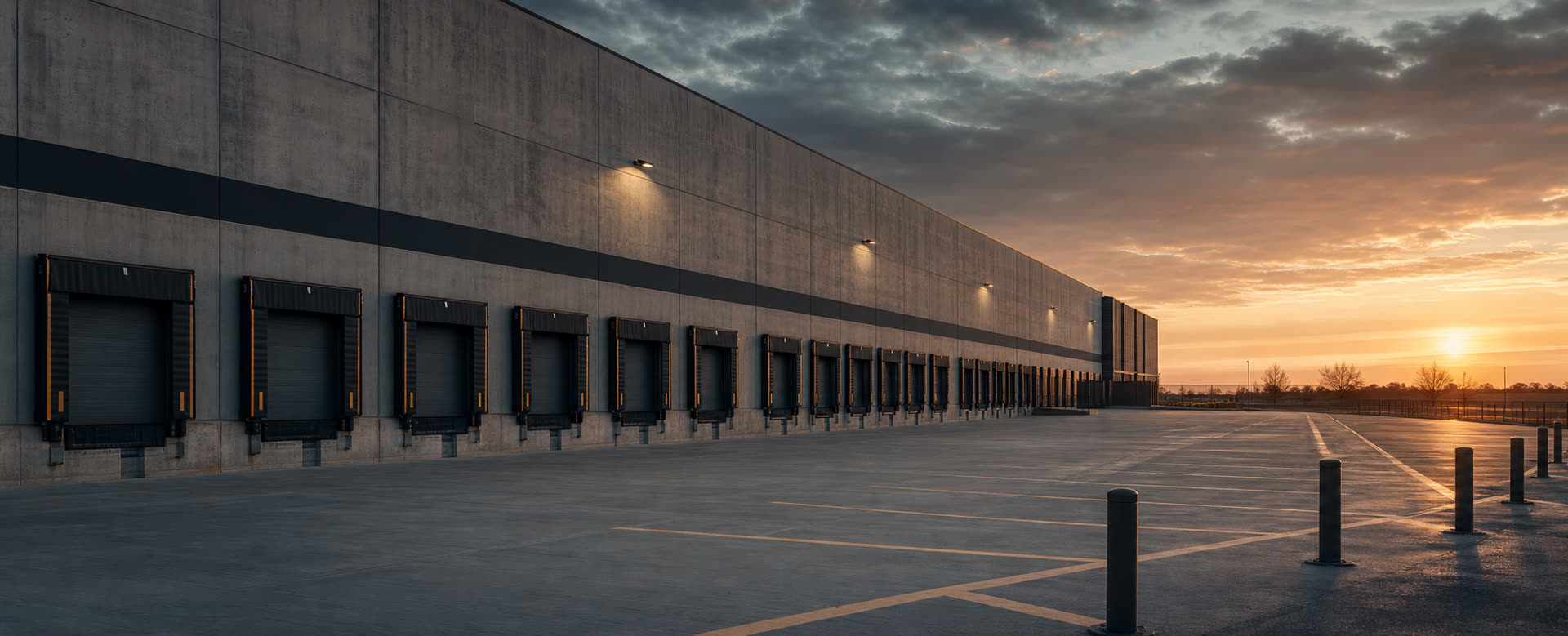 Commercial warehouse with loading docks and a striped parking lot at dusk